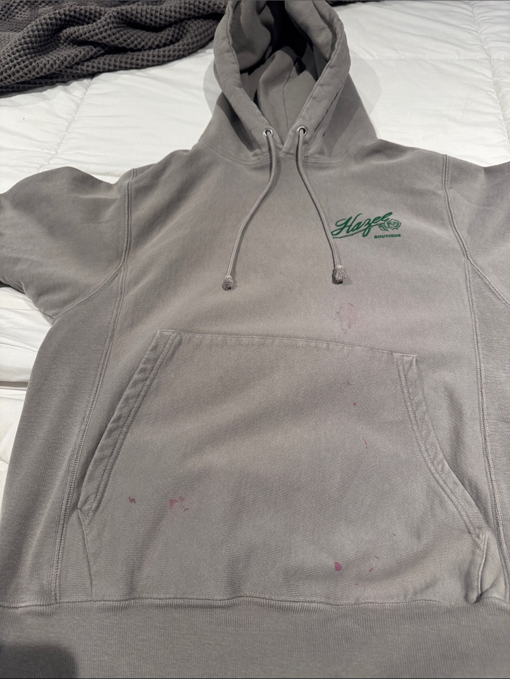 Hazel Boutique Gray Hooded Sweatshirt with Green Script Logo